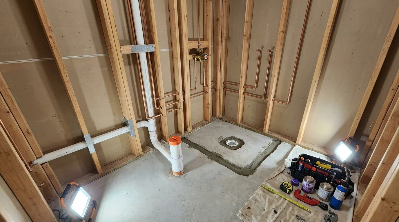 Bathroom rough-in plumbing during remodel by Johns Plumbing LLC in Hagaman