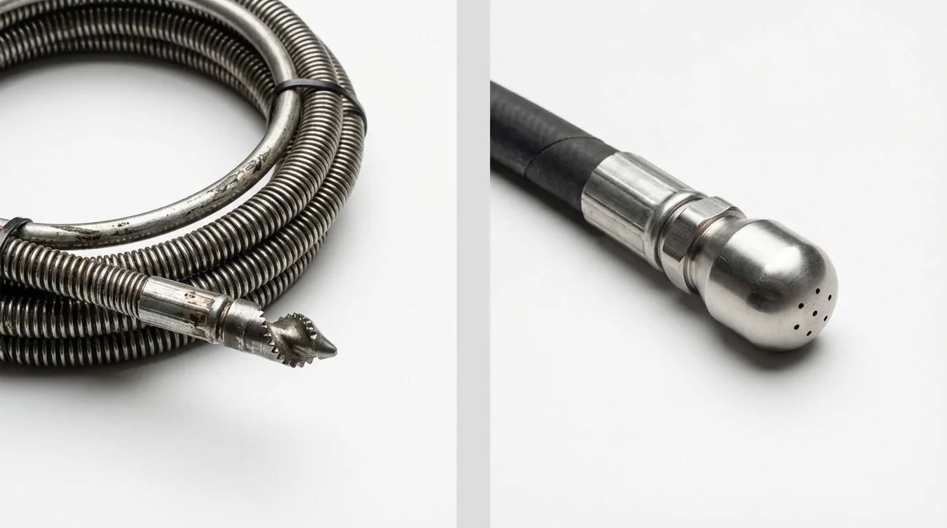 Drain snake cable and hydro jetting nozzle used for drain cleaning in Hagaman, NY