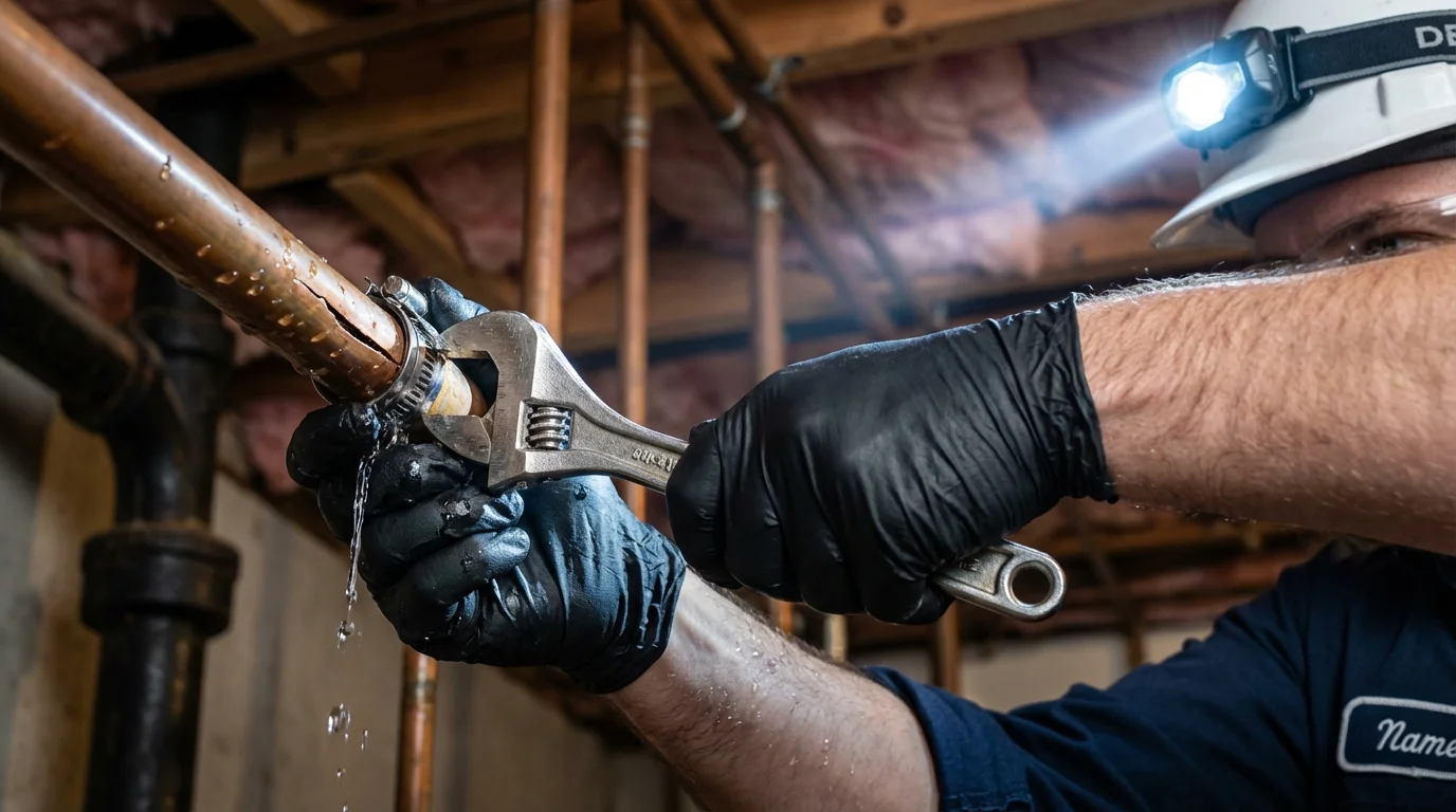 Emergency pipe clamp repair being performed by a Johns Plumbing LLC plumber in Hagaman