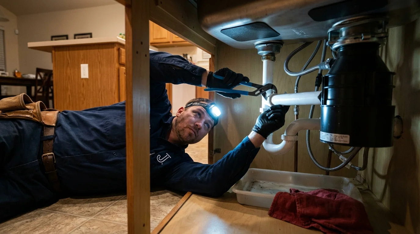 P-trap and supply line connections under a kitchen sink showing a common leak point in Hagaman, NY